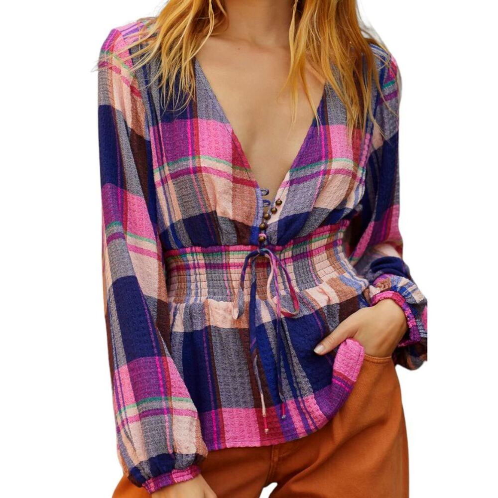Pilcro Anthropologie Plaid Peplum Smocked Waist Long Sleeve Top Pink Navy Small